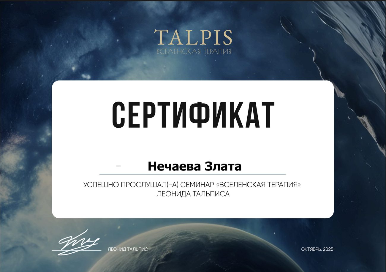Сертификат: семинар Вселенская терапия
